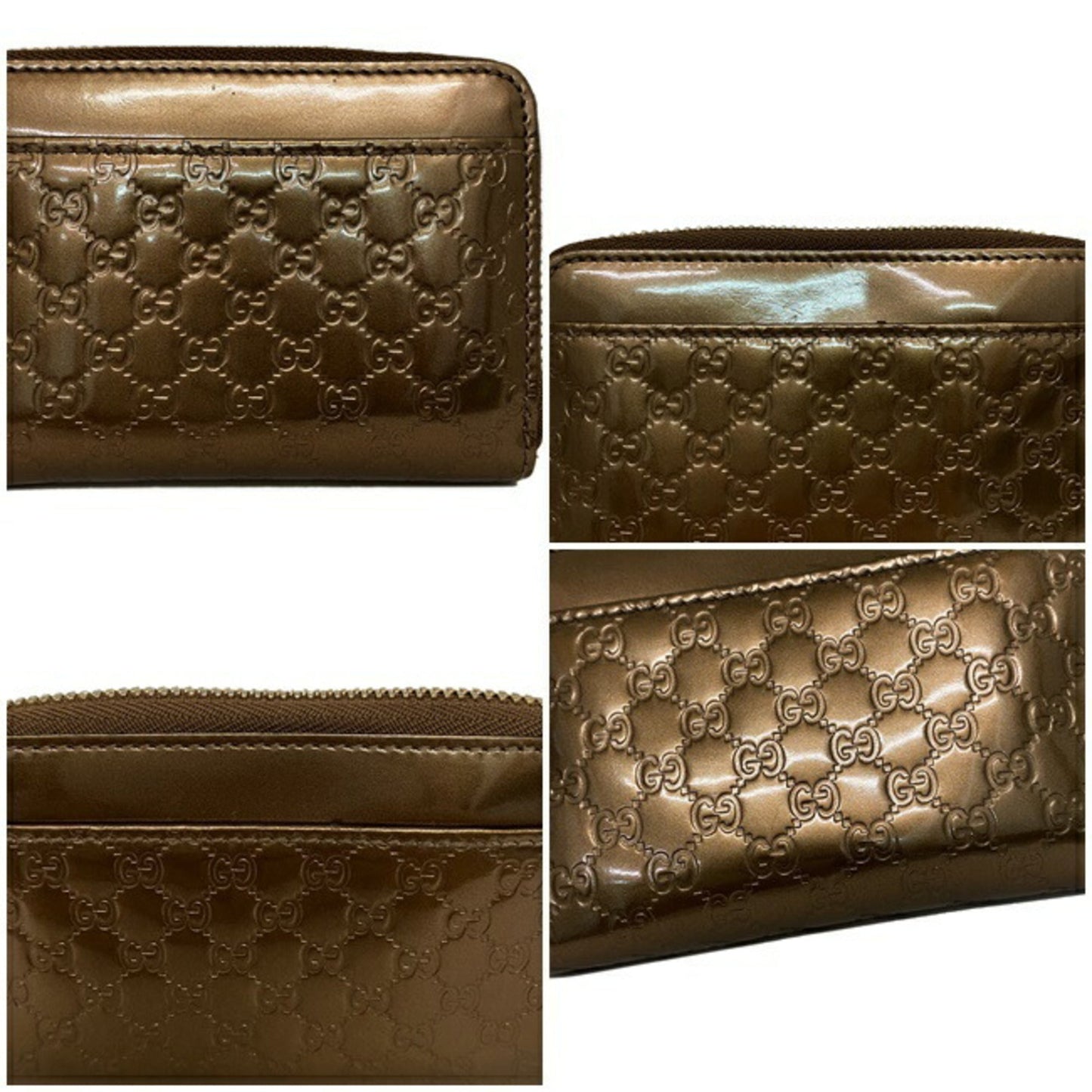Gucci Coin Case Bronze Gold Micro Shima 256810 Patent Leather GUCCI Brown Purse Card Pocket GG Round