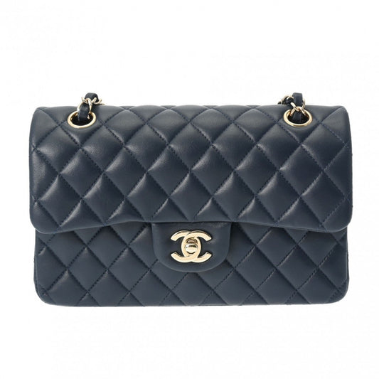 CHANEL Chanel Matelasse Chain Shoulder 23cm W Flap Navy Champagne A01113 Women's Lambskin Bag