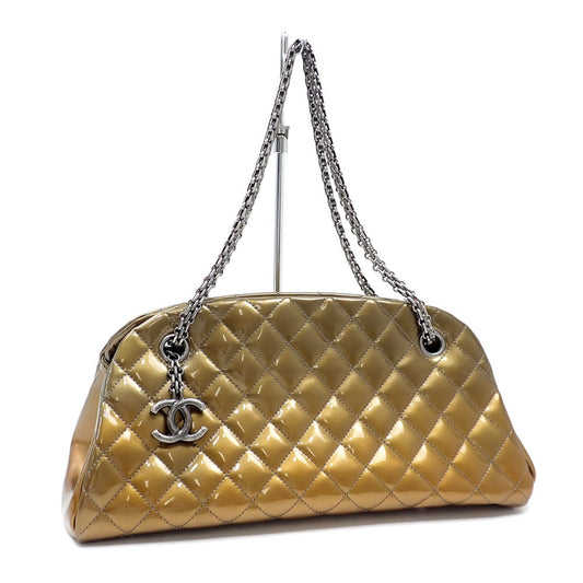 Chanel Chain Shoulder Bag Mademoiselle Women's Metallic Khaki Patent Leather Coco Mark