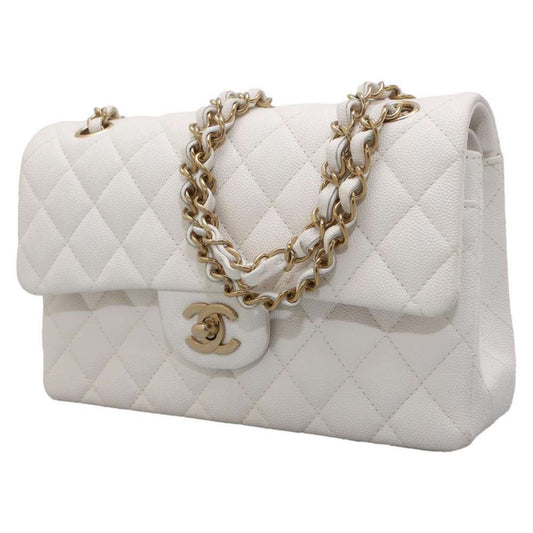 Chanel Chain Shoulder Bag Matelasse Coco Mark Caviar Skin A01113 Double Flap CHANEL White
