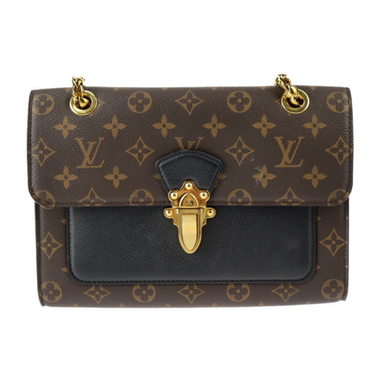 LOUIS VUITTON Victoire Shoulder Bag M41730 Monogram Canvas Calfskin Brown Black Gold Hardware Chain