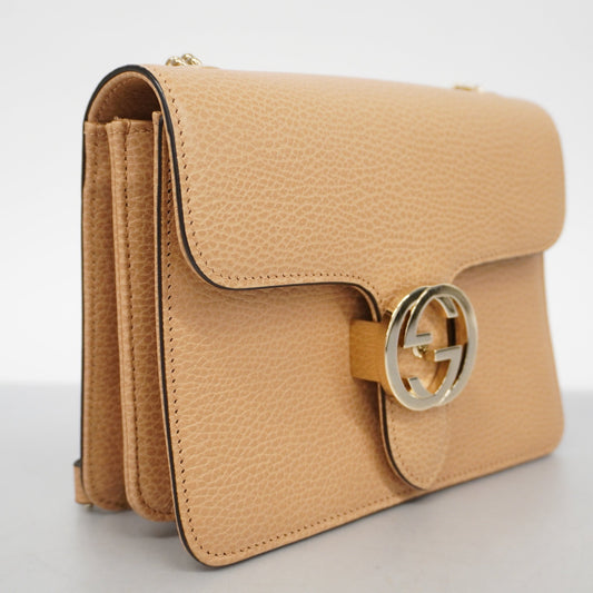 GUCCIAuth  Interlocking G 510304 Women's Leather Shoulder Bag Beige