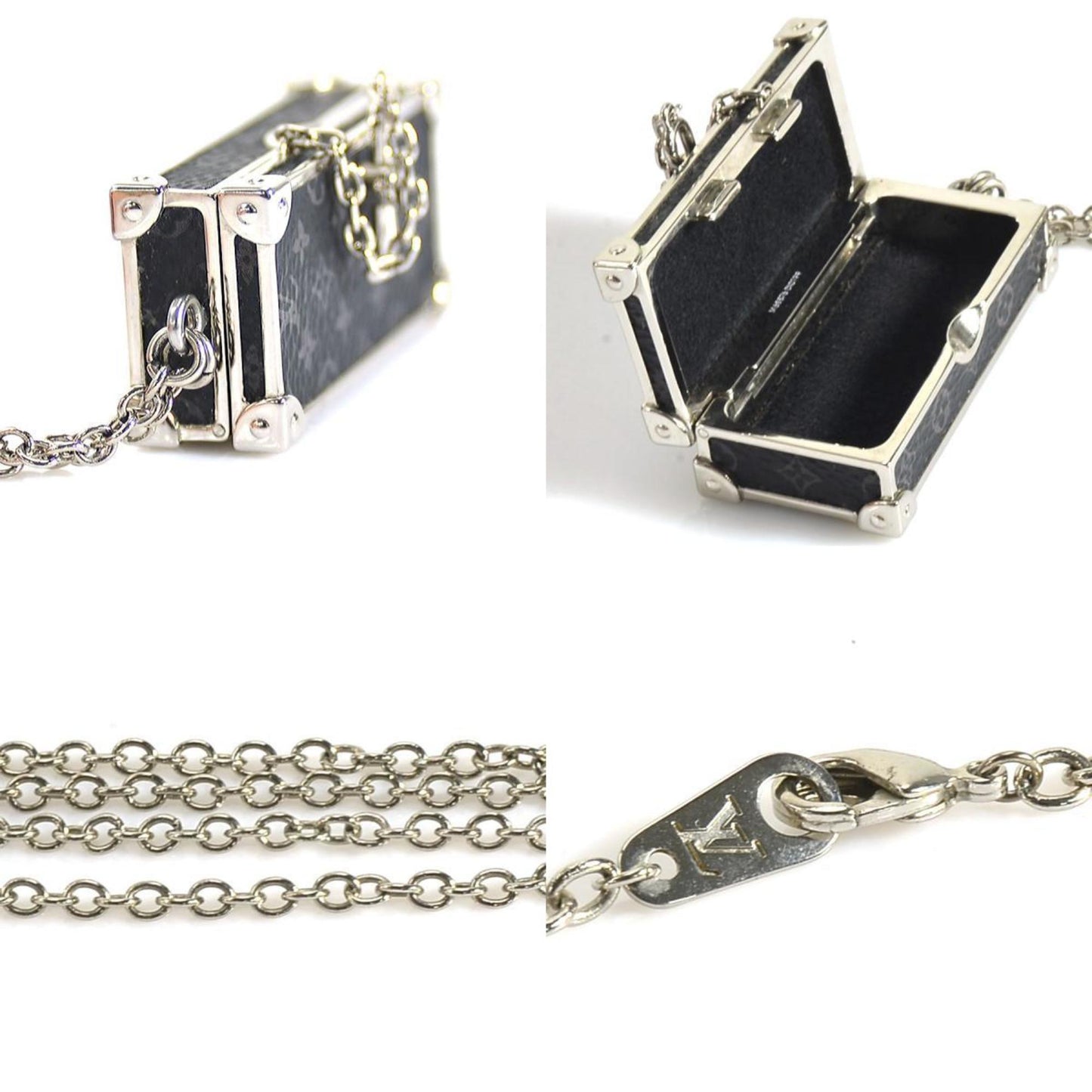 LOUIS VUITTON Necklace Monogram Eclipse Collier DJ Trunk Metal Black x Silver Men's M68876 h29500g