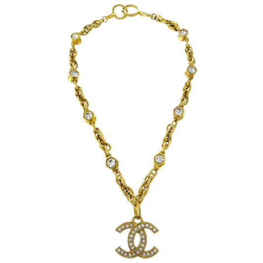 Chanel CC Chain Pendant Necklace Rhinestone Gold