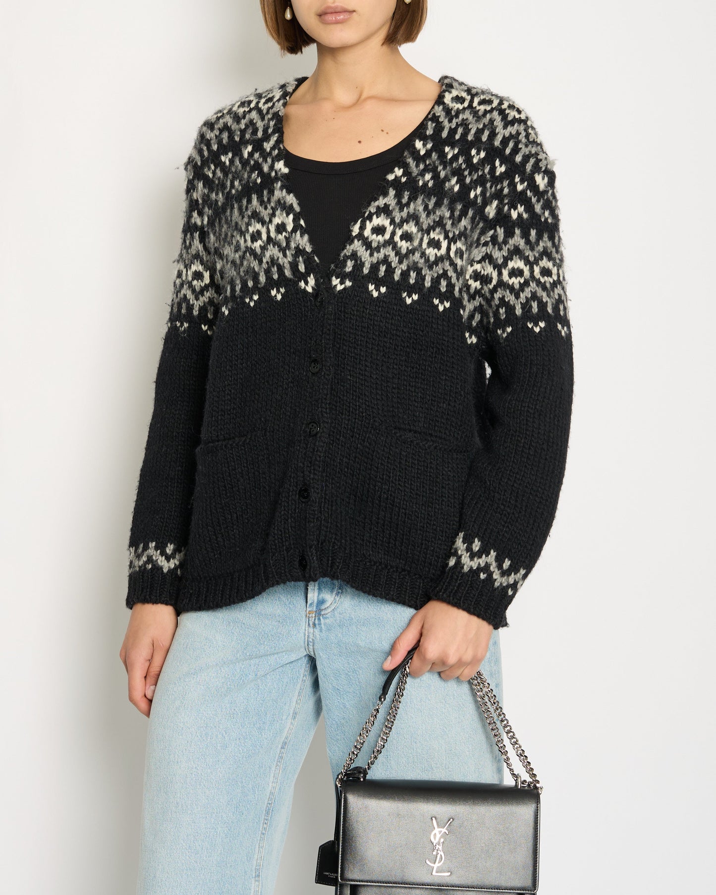 Saint Laurent Black & Grey Knit V-Neck igan Size S (UK 8)