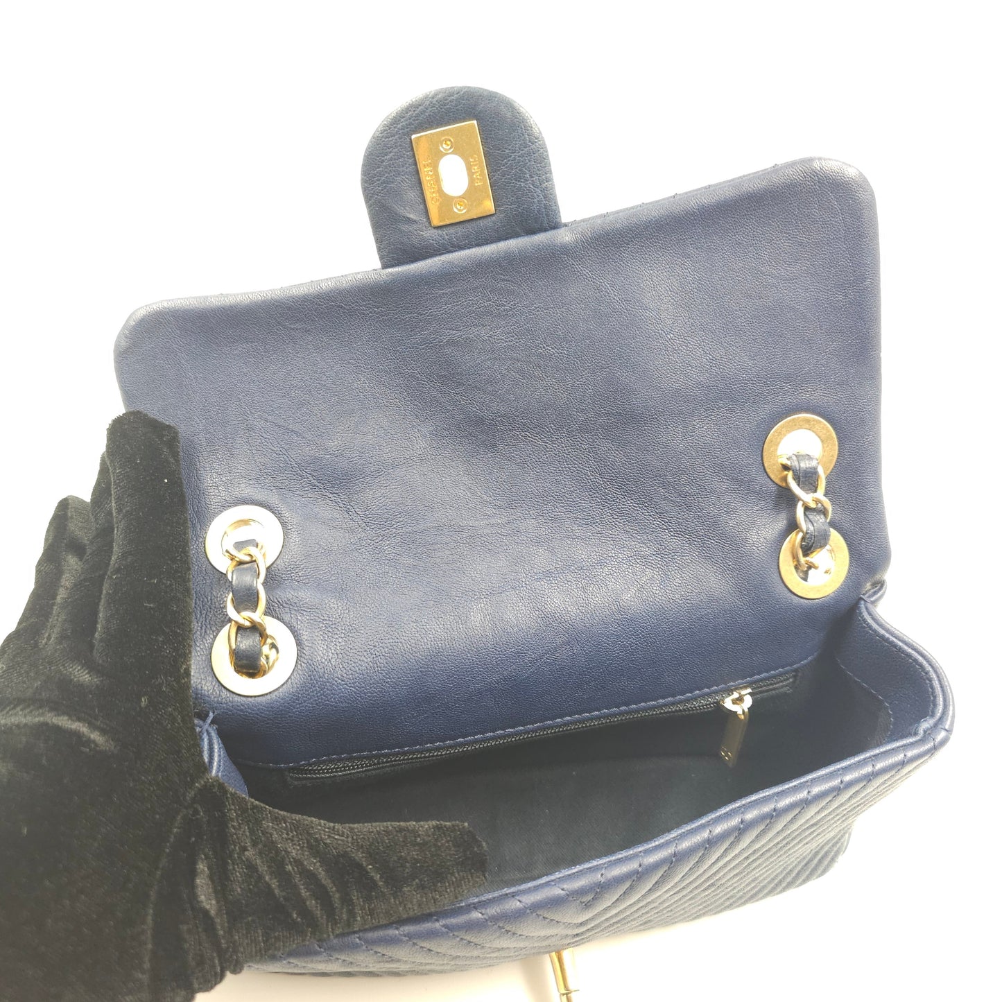 Chanel Blue Chevron Small Classic Flap Bag