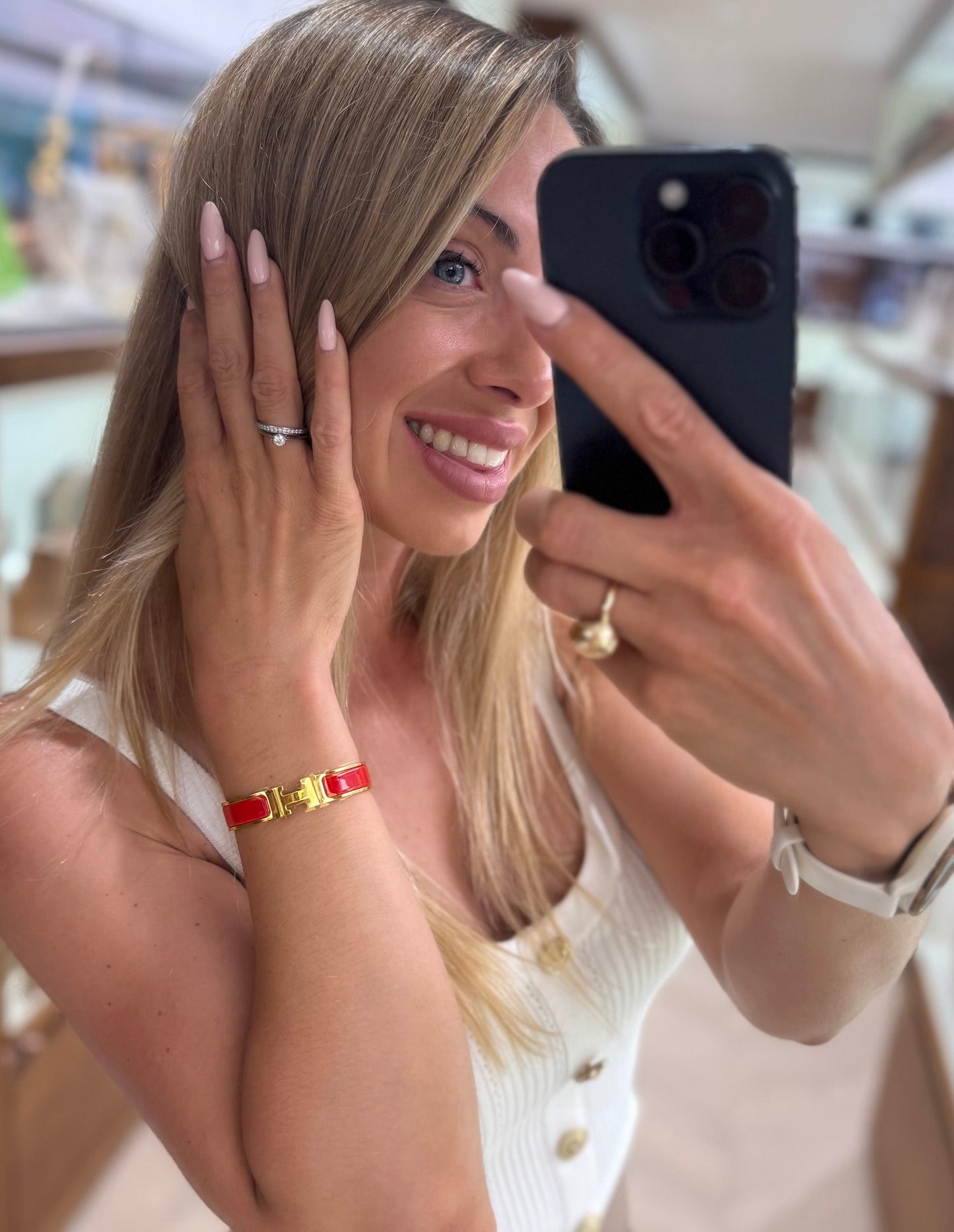 Pre-owned Certified Hermes H Click Enamel Red Bracelet with Golden Hw, Small Size