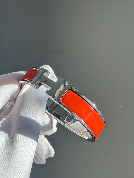 Pre-owned Certified Hermes H Click Enamel Orange Bracelet with Silver Hardware, SH Size