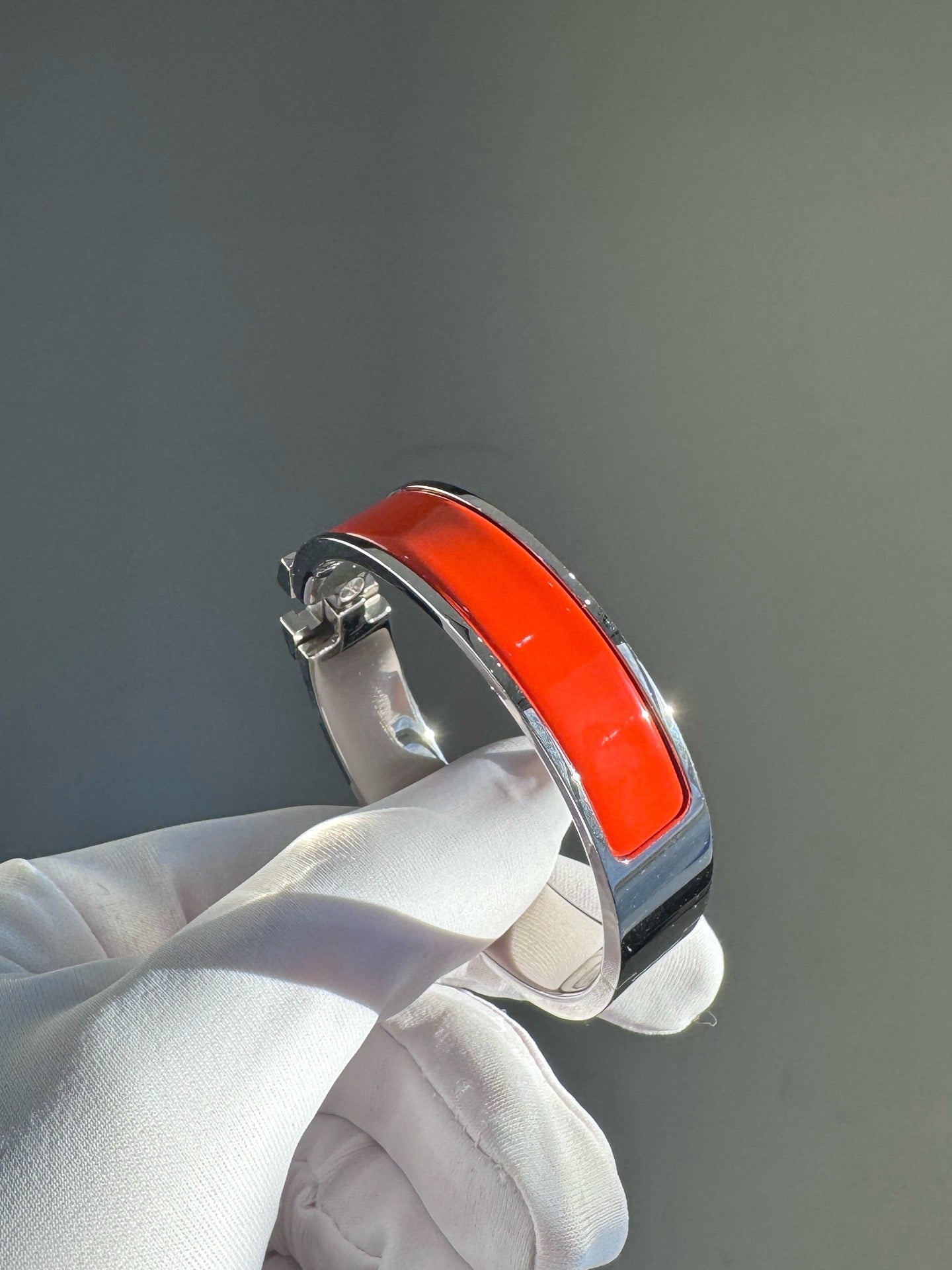 Pre-owned Certified Hermes H Click Enamel Orange Bracelet with Silver Hardware, SH Size