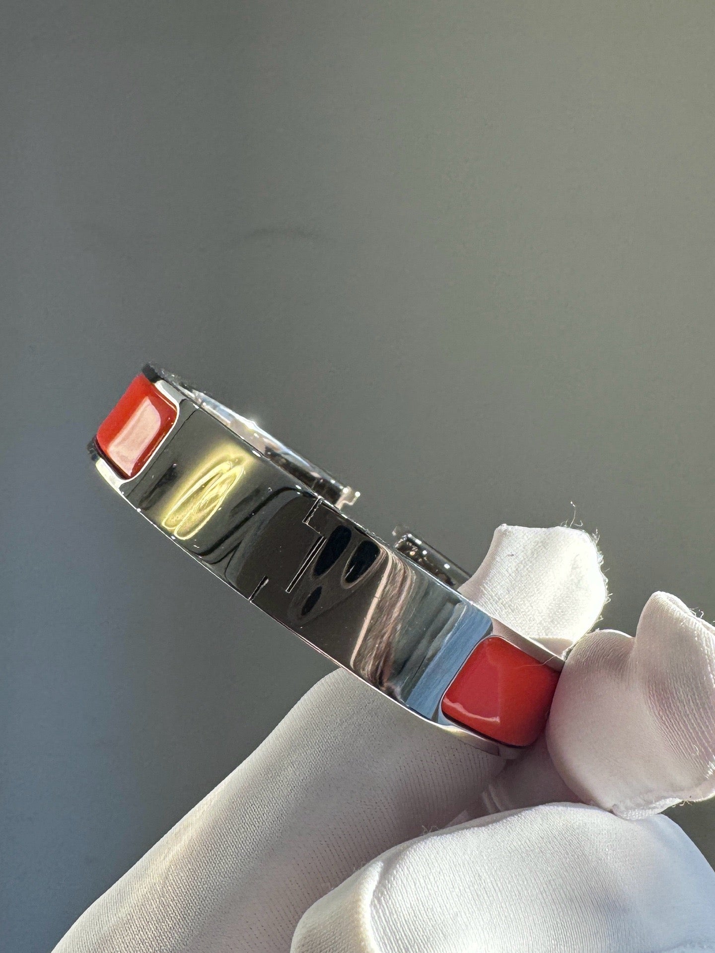 Pre-owned Certified Hermes H Click Enamel Orange Bracelet with Silver Hardware, SH Size