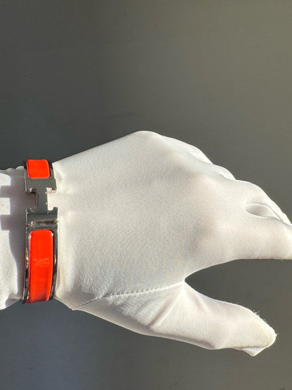 Pre-owned Certified Hermes H Click Enamel Orange Bracelet with Silver Hardware, SH Size