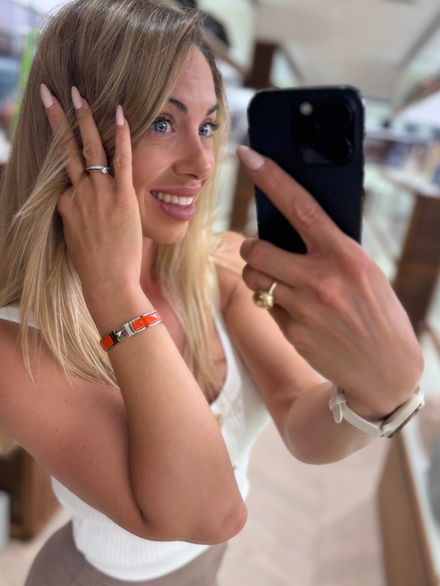 Pre-owned Certified Hermes H Click Enamel Orange Bracelet with Silver Hardware, SH Size