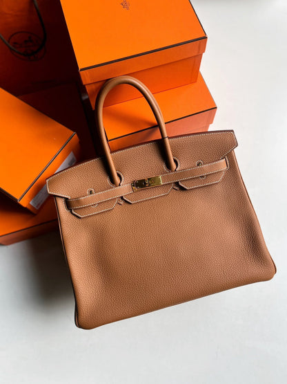 Pre-owned Certified Hermes Birkin 35 Golden Brown Togo with Golden Hardware, 2013 (Q), w/ lock&key, dust bag