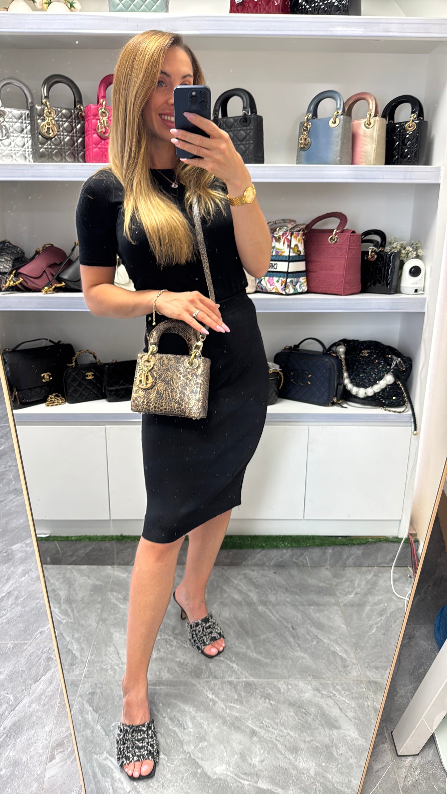 Pre-owned Certified Dior Mini Lady Dior Natural Rare Lizard Skin in Neutral Shades Python Pattern with Golden Hardware, 2017, w/ Full Set