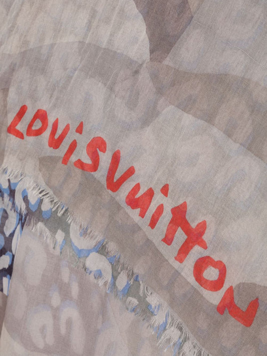 LOUIS VUITTON Cheetah Print Scarf Grey/Navy