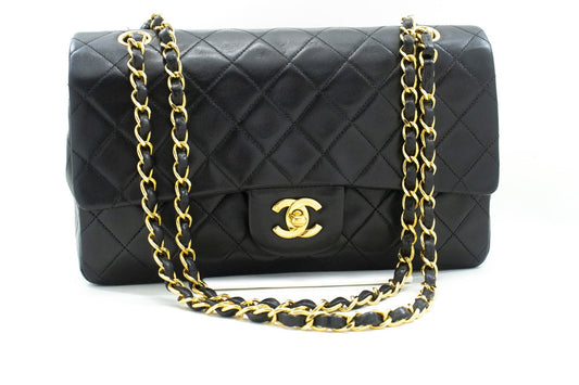 CHANEL Classic Double Flap 10" Chain Shoulder Bag Black Lambskin