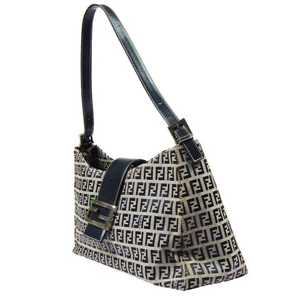 Fendi Zukka Pattern Hand Bag Navy Gray Canvas Leather Vintage Italy TT117