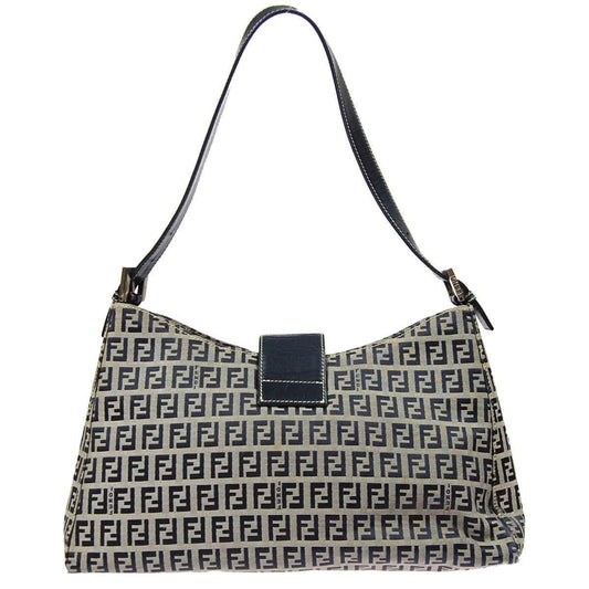 Fendi Zukka Pattern Hand Bag Navy Gray Canvas Leather Vintage Italy TT117