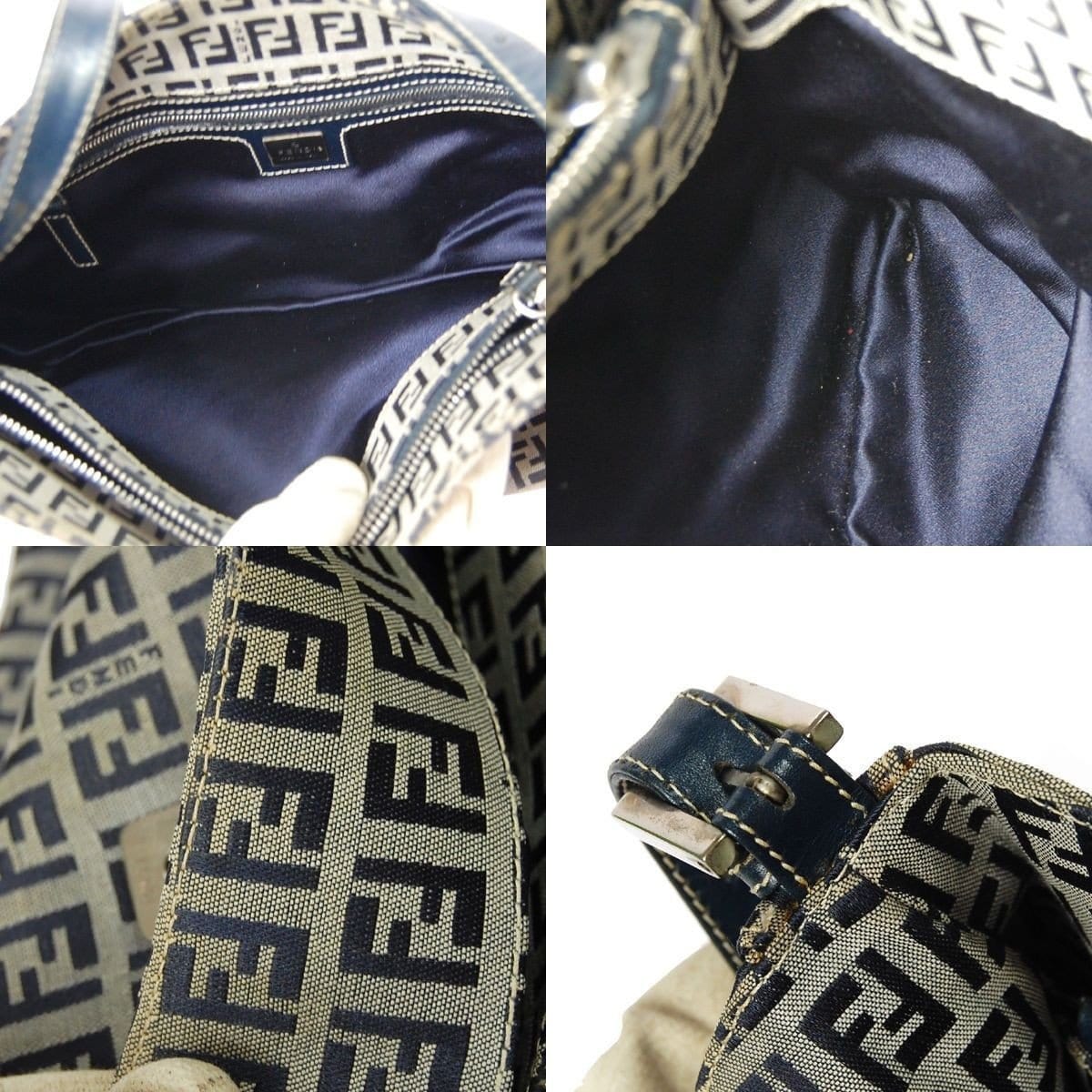 Fendi Zukka Pattern Hand Bag Navy Gray Canvas Leather Vintage Italy TT117