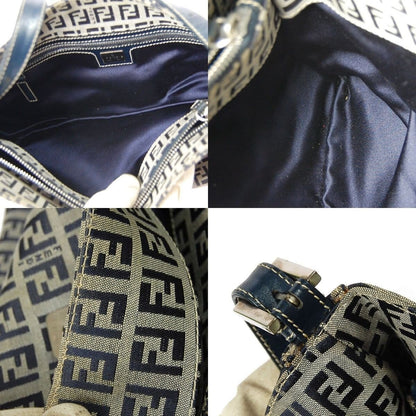 Fendi Zukka Pattern Hand Bag Navy Gray Canvas Leather Vintage Italy TT117