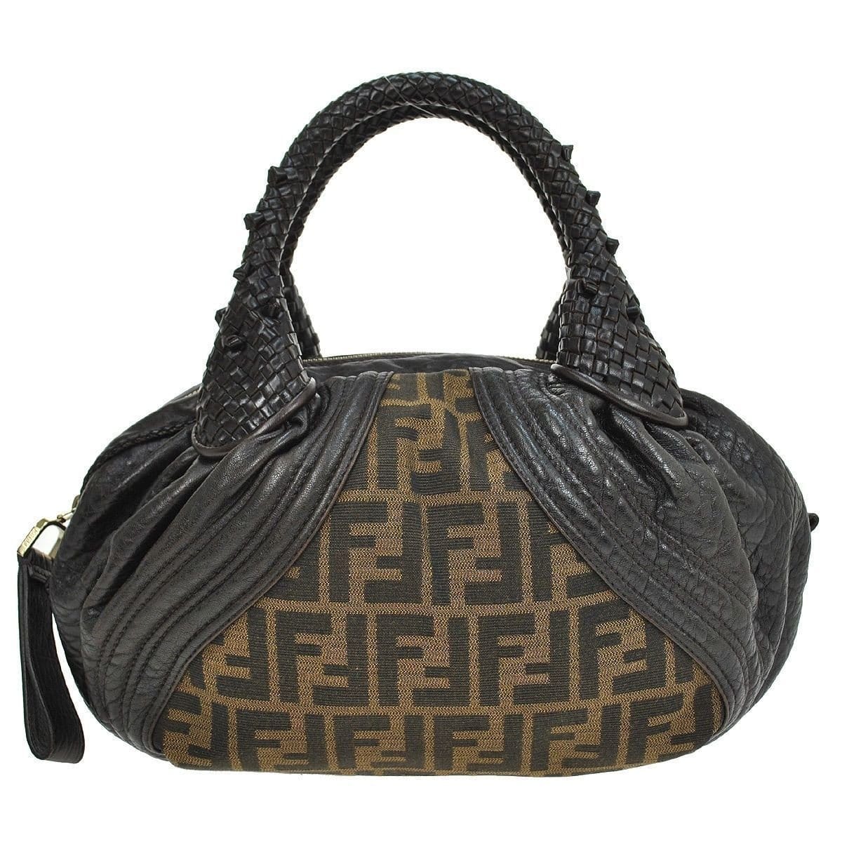 Fendi Zucca Pattern HandBag Brown Nylon Leather