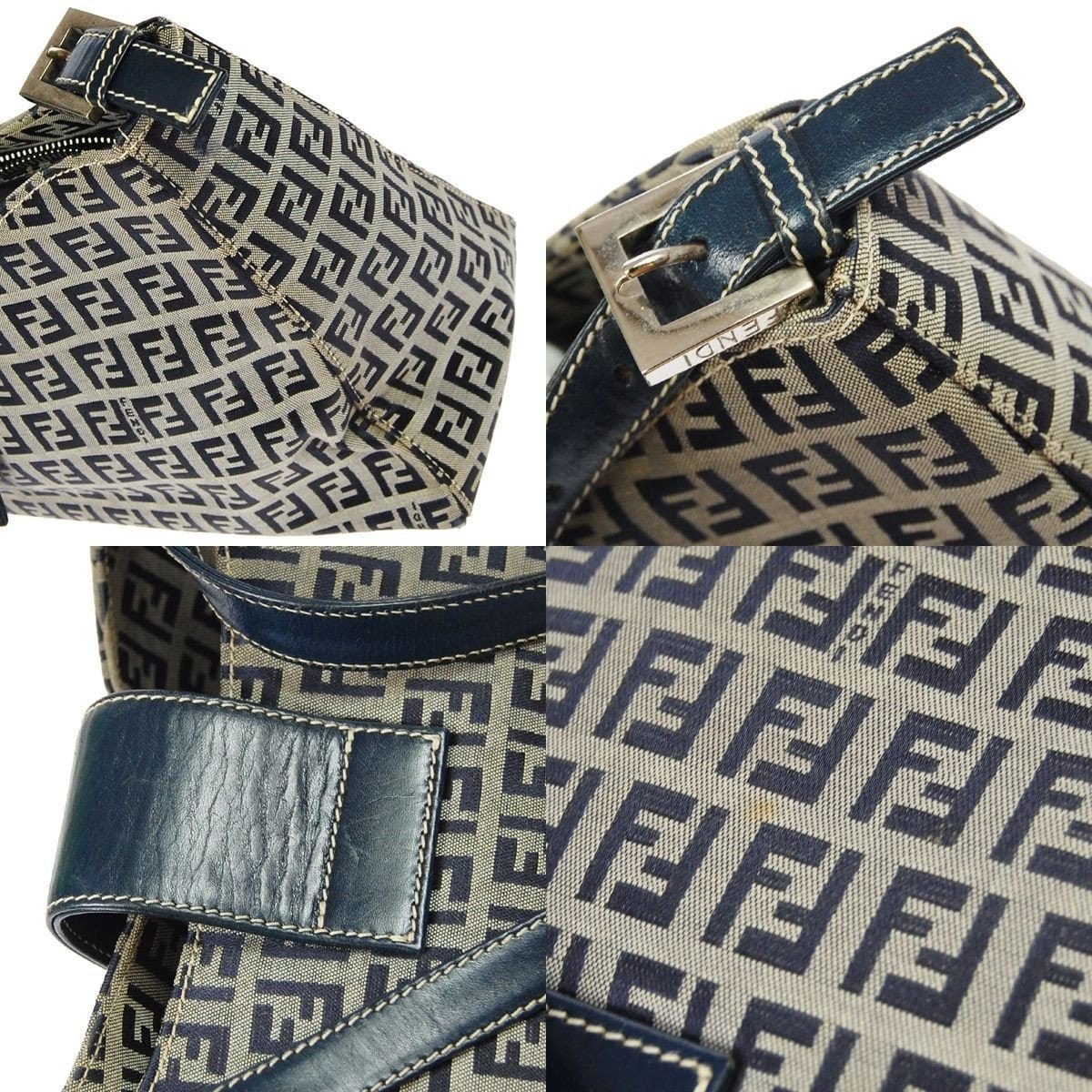 Fendi Zukka Pattern Hand Bag Navy Gray Canvas Leather Vintage Italy TT117