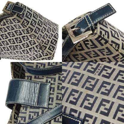 Fendi Zukka Pattern Hand Bag Navy Gray Canvas Leather Vintage Italy TT117