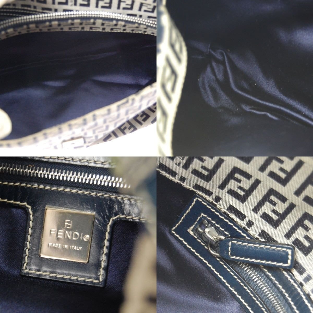 Fendi Zukka Pattern Hand Bag Navy Gray Canvas Leather Vintage Italy TT117