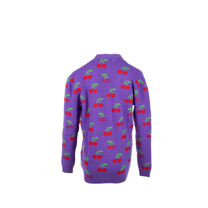 Gucci Size S GG Cherry Intarsia Knit Cardigan Wool Purple