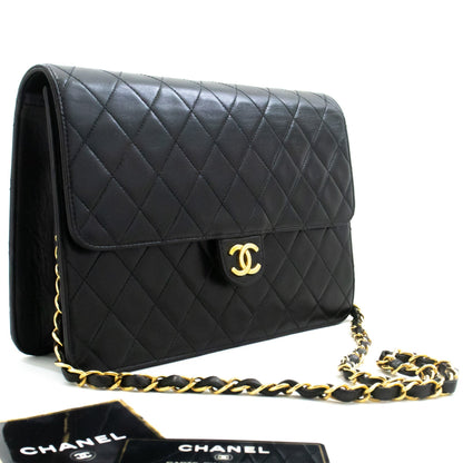 CHANEL Chain Shoulder Bag Clutch Black Quilted Flap Lambskin Purse