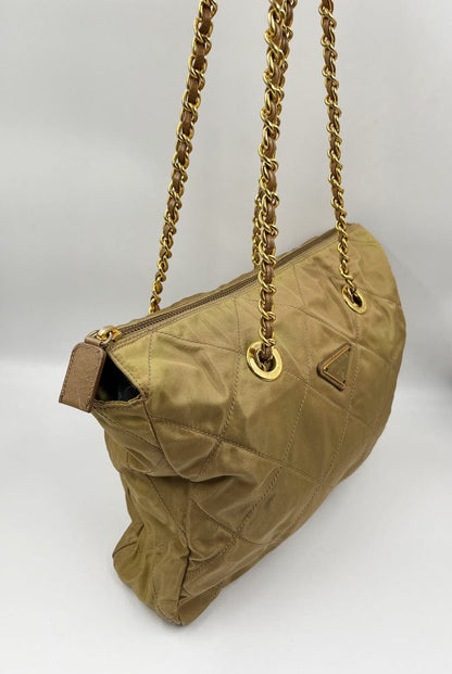 Prada Nylon Tote with Chain Handle - Beige