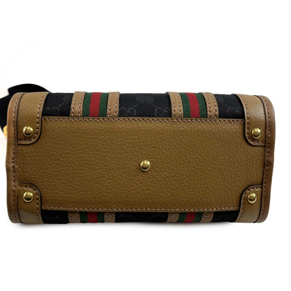 GUCCI GG Canvas Linea Bauletto Plaque Mini Top Handle Crossbody Black/Brown