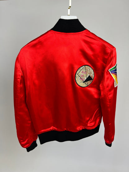 Saint Laurent Red and Black Silk Bomber Jacket with Glitter Patches Size FR 36 (UK 8)