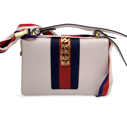 GUCCI White Leather Sylvie Small Signature Web Shoulder Bag