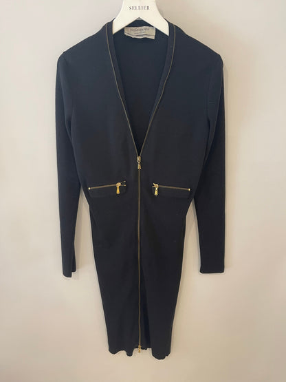Saint Laurent Fall Winter 2008 Black Midi Knit Dress with Gold Logo Zip Details Size XS (UK 6)