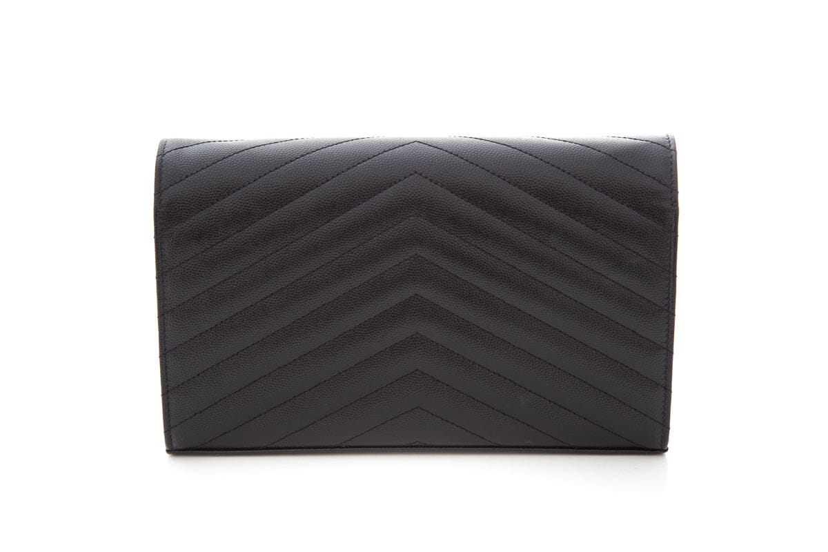 YSL Cassandre Matelasse Chain Wallet in Grain De Poudre Black Embossed Leather