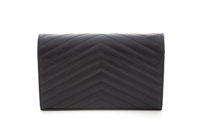 YSL Cassandre Matelasse Chain Wallet in Grain De Poudre Black Embossed Leather