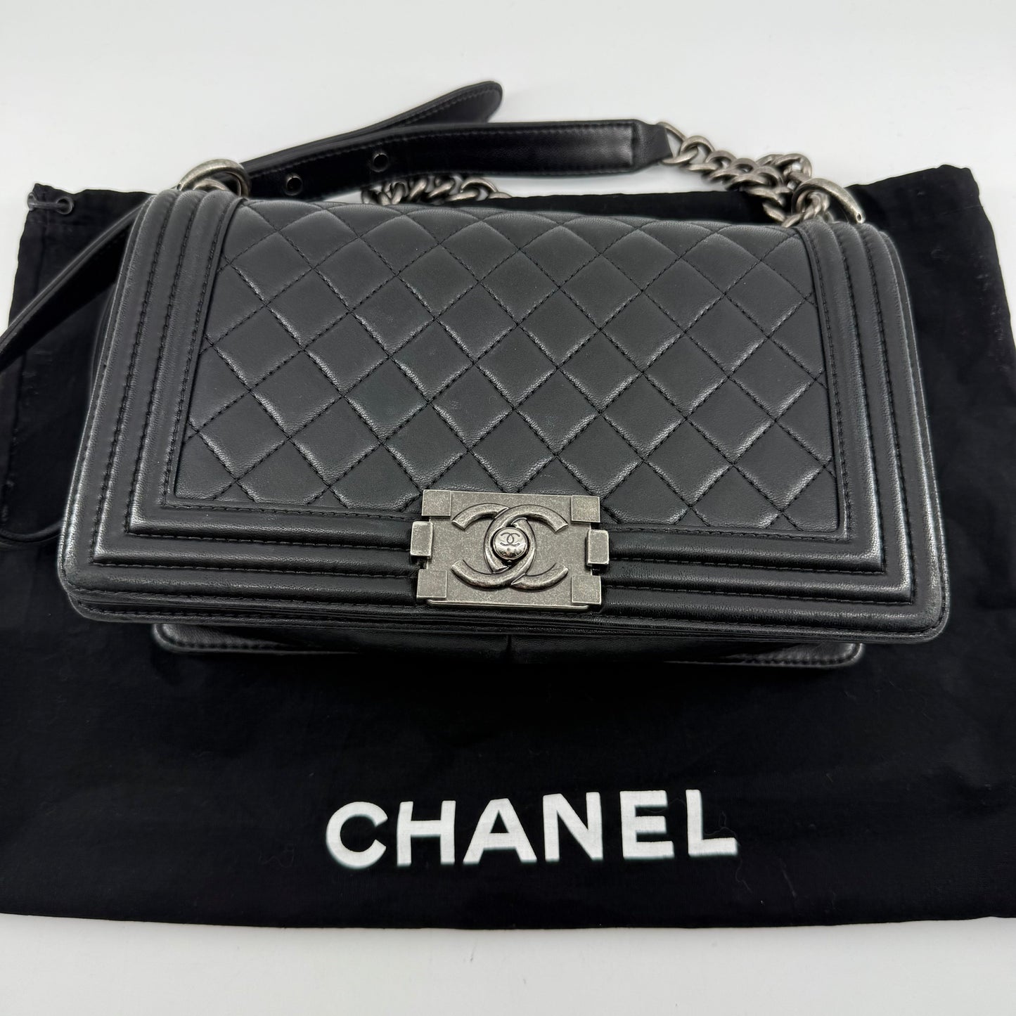 Chanel Medium Black Lambskin Ruthenium Hardware Le Boy Flap Bag