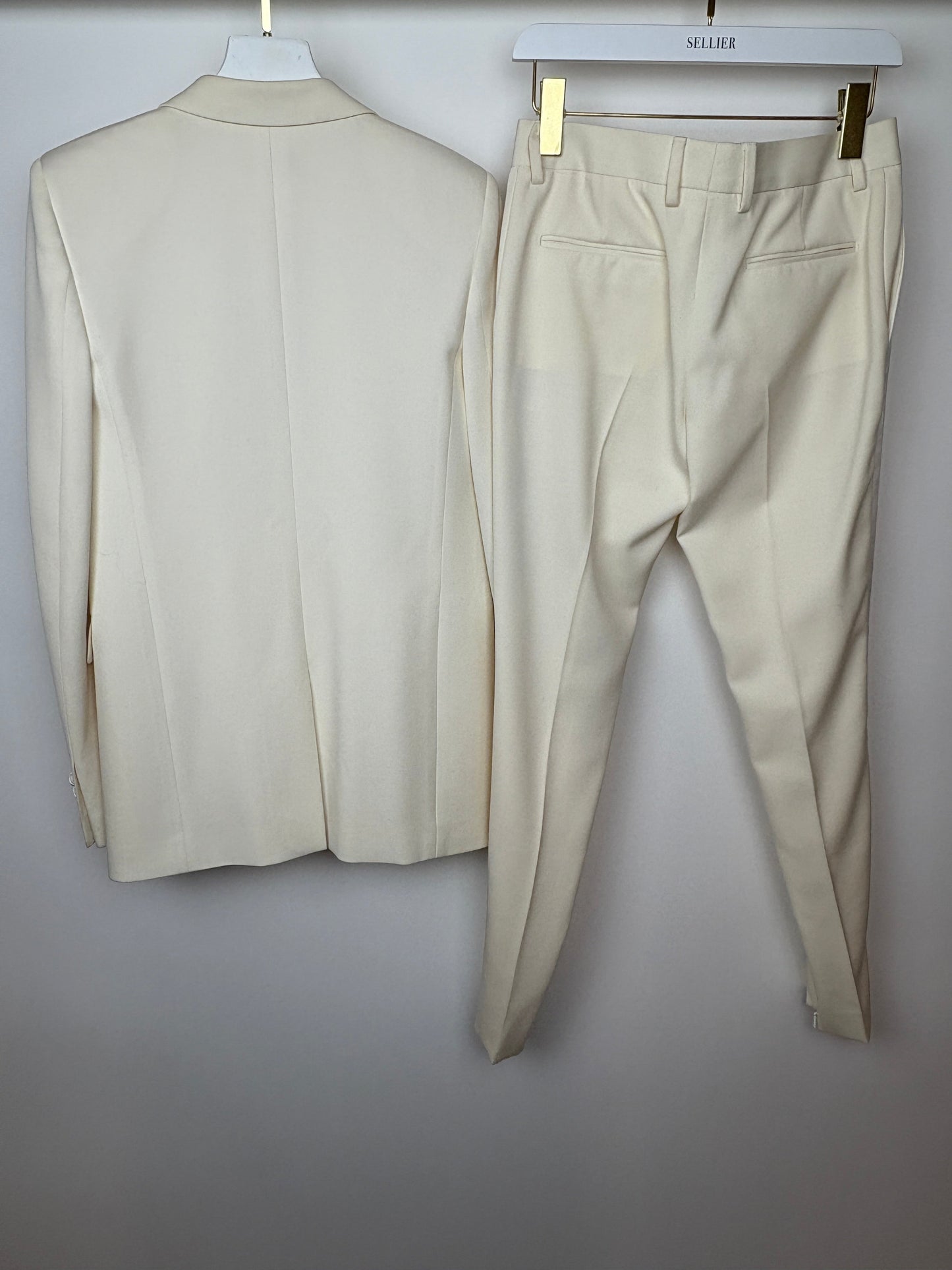 Saint Laurent Cream Suit Jacket and Trouser Set With Silk Lapel Detail Size FR 36 (UK 8)