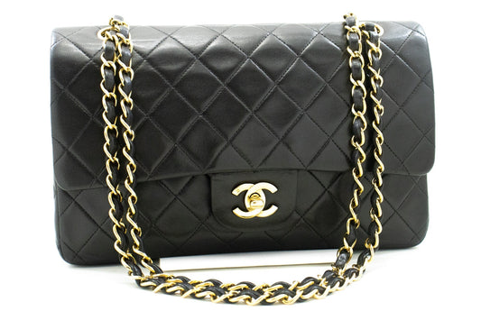 CHANEL Classic Double Flap 10" Chain Shoulder Bag Black Lambskin