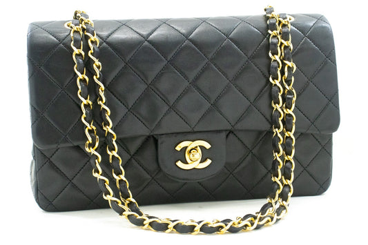 CHANEL Classic Double Flap 10" Chain Shoulder Bag Black Lambskin