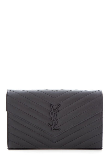 YSL Cassandre Matelasse Chain Wallet in Grain De Poudre Black Embossed Leather