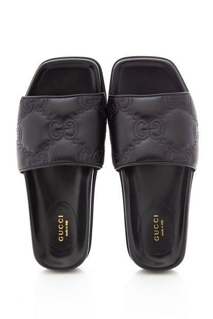 Gucci Black Leather Monogram Slides SZ 37