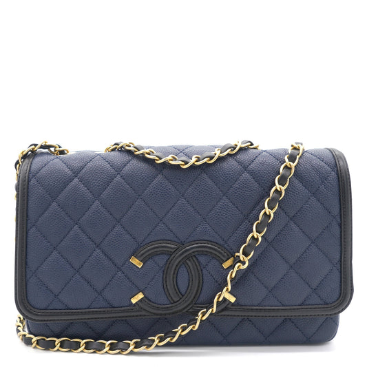Chanel CC Filigree Medium Caviar Navy Flap