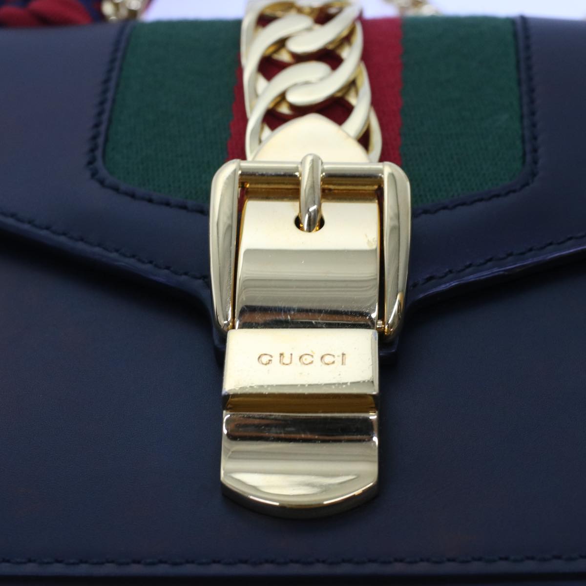 GUCCI Web Sherry Line Chain Silvi Shoulder Bag Leather Black 431666  49437A