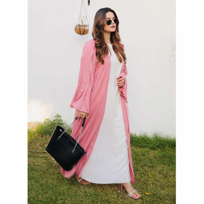 Puff Sleeves Front Open Abaya (pink)