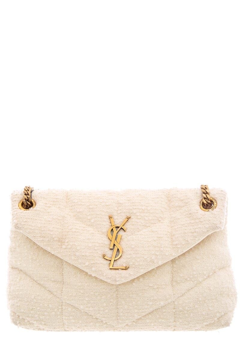 YSL Cream Boucle Tweed Quilted Loulou Puffer Handbag