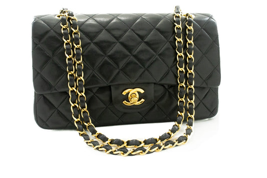 CHANEL Classic Double Flap 10" Chain Shoulder Bag Black Lambskin