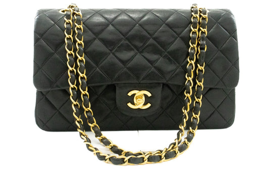 CHANEL Classic Double Flap 10" Chain Shoulder Bag Black Lambskin