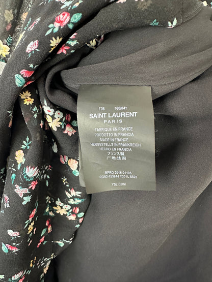 Saint Laurent Black Floral Print Short Sleeve Silk Dress With Ruffle Detail Size FR 36 (UK 8)